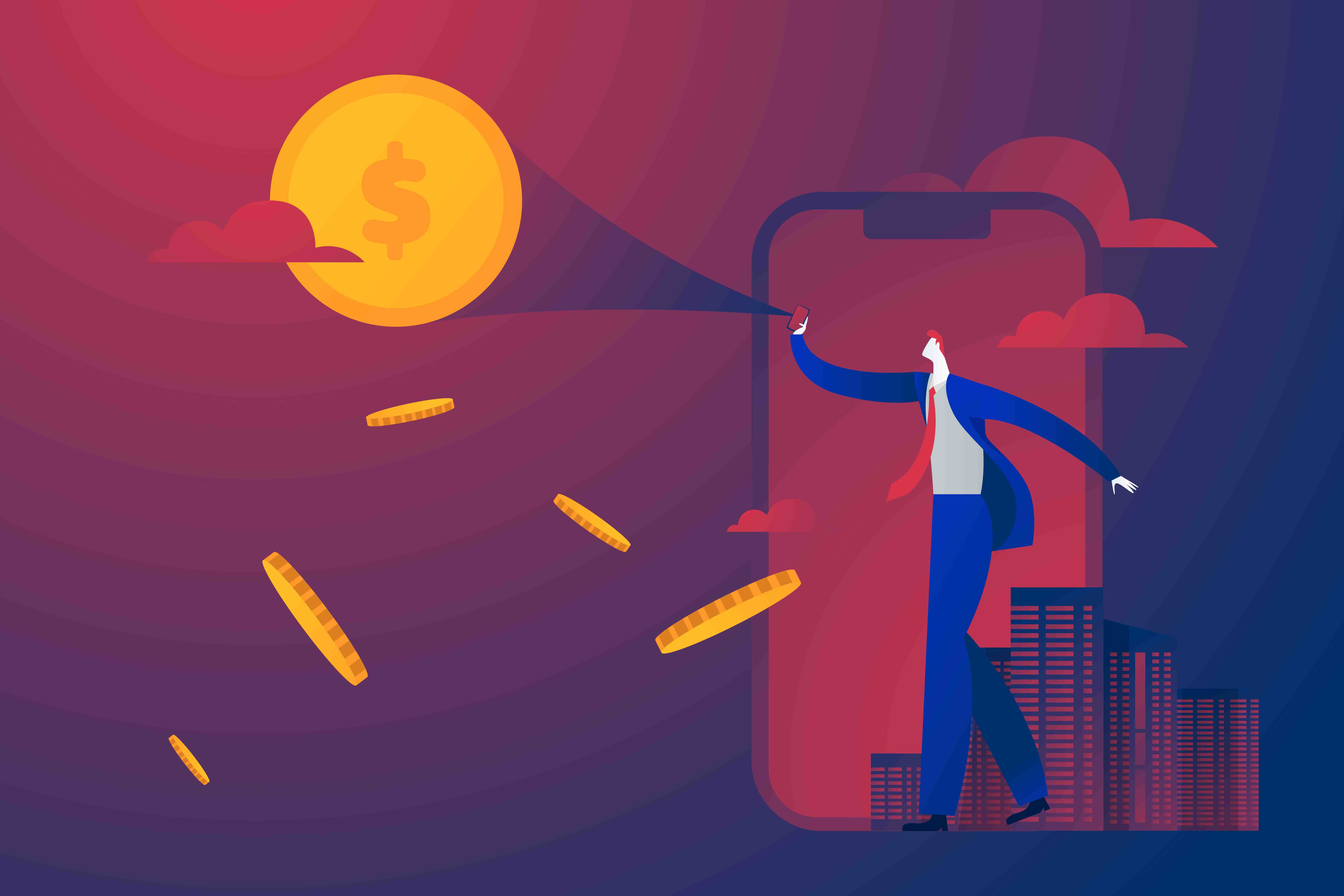 Businessman watching and showing money moon on the sky vision and success business concept . Vector EPS 10
